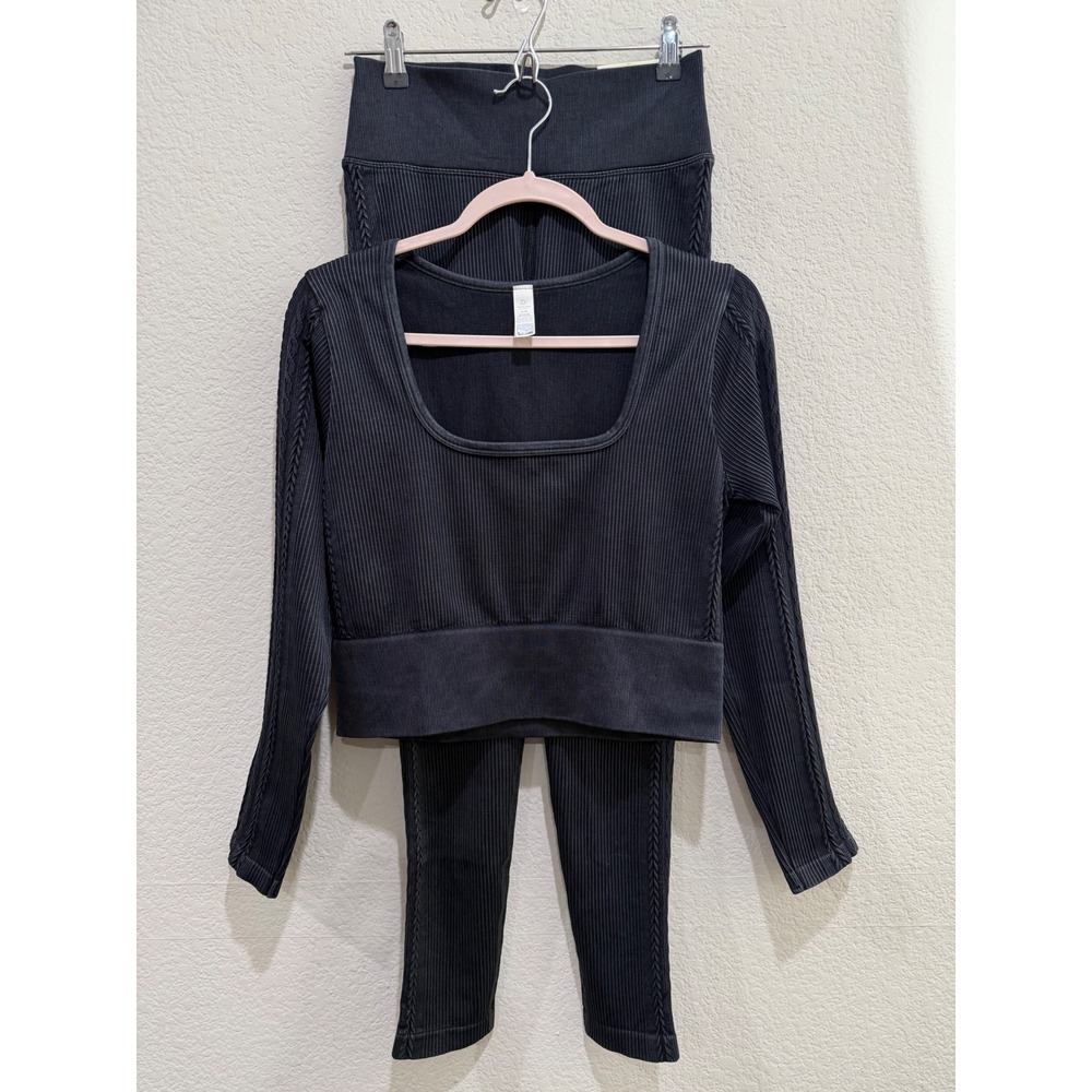 OFFLINE by Aerie Seamless Ribbed Crop Top & Leggings Set Black Athleisure Active - Picture 8 of 9